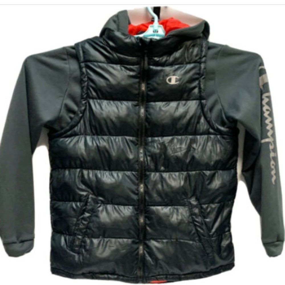 Champion Big Boys Puffer Jacket Hooded Size Large Long Sleeve Black/Gray